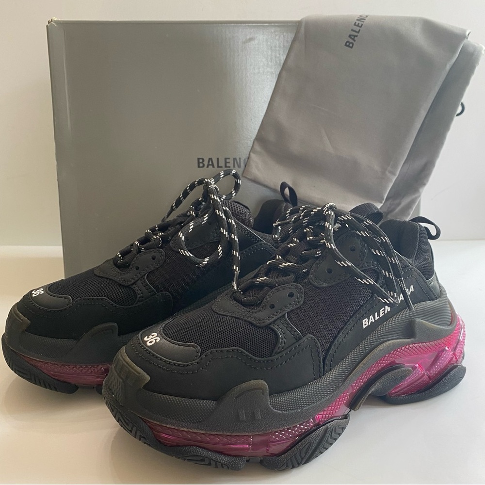 BALENCIAGA Fabric Mesh Clear Sole Women’s Triple S Sneakers 36C Black Pink Neon